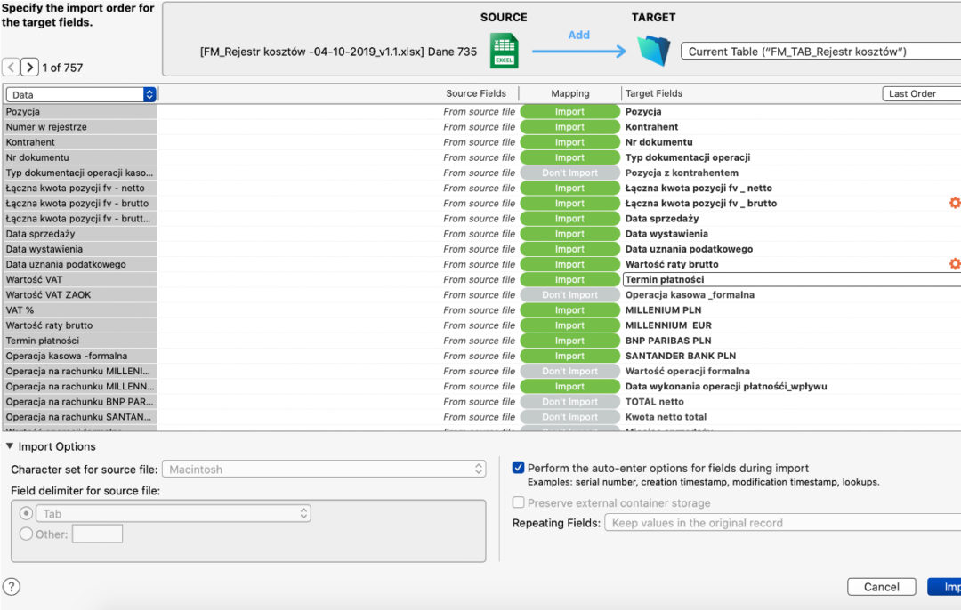 FileMaker – import danych